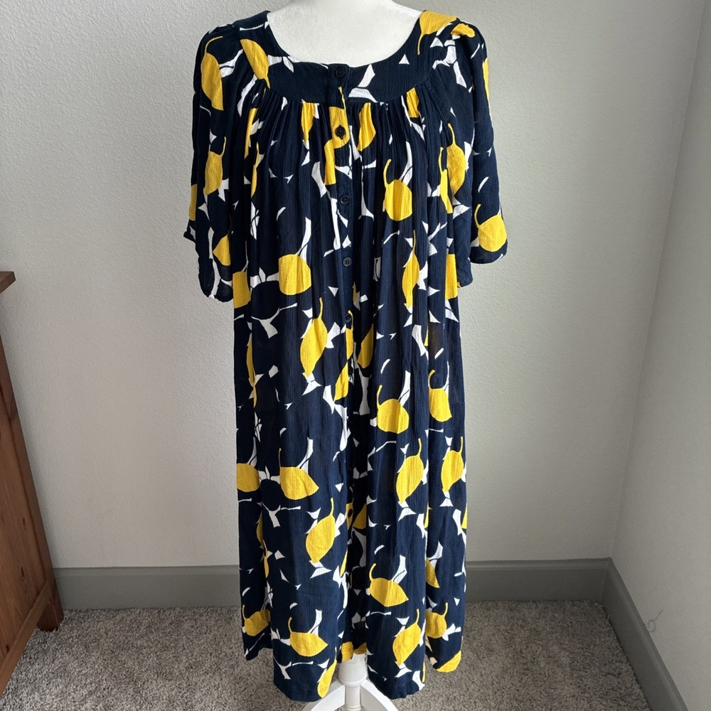 Go Softly Patio House/Lounge Mumu Dress Yellow Leaf Print XL Rayon Button Front